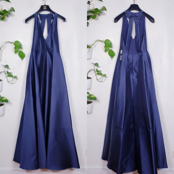 $795 NWT BADGLEY MISCHKA Womens Navy Blue Maxi Long Gown 2 XS Bow Wedding A-line - Picture 4 of 11